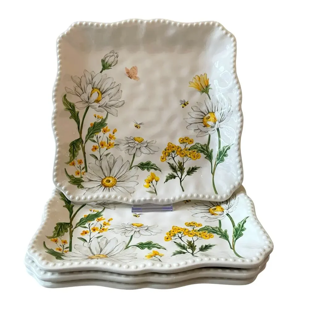 MAXCERA Spring Easter Bee Butterfly Daisy Square Dinner Plates Set of 4 New